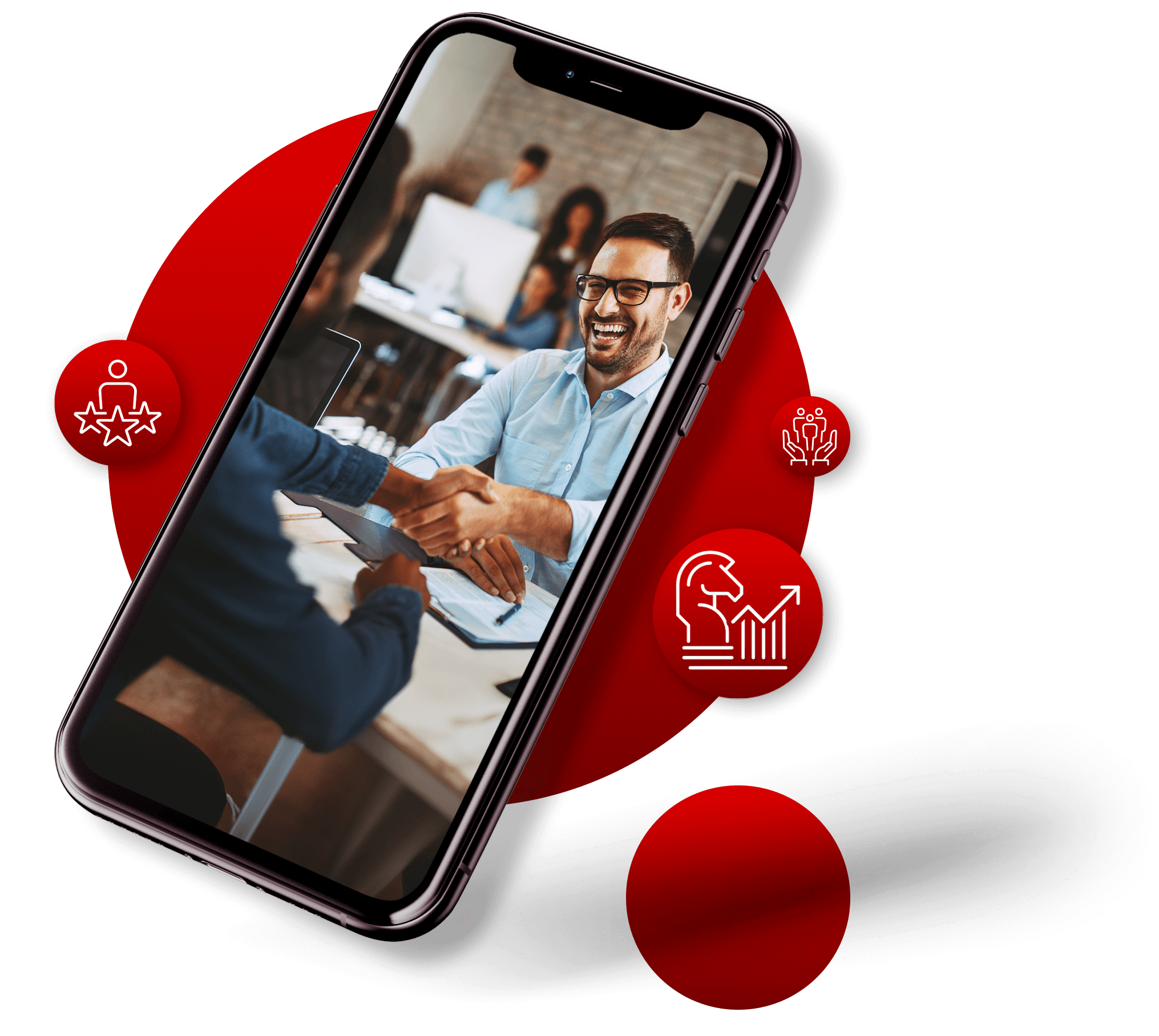 Imagem de um smartphone mostrando um aperto de mão profissional, com ícones de conquista sobre formas vermelhas.